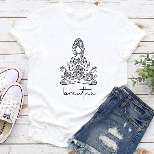 Breathe Meditation Casual Women Graphic Yoga Namaste Boho T-shirt