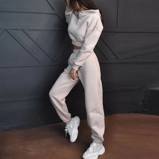 Fall 2022 Women's Solid Chunky Tracksuit Hoodie Mid-Waist Top + Elastic Waist Pants Casual Outfit Warm Two Piece Sets